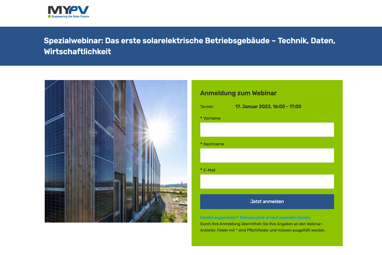 Spezialwebinar: Das erste solarelektrische Betriebsgebäude – Technik, Daten, Wirtschaftlichkeit